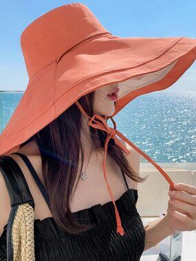 Women Wide Brim Summer Sun Hat Wired Edge Beach Bucket Fishing Hats Orange Beige